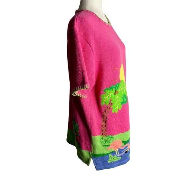 Vintage Quacker Factory Flamingo Sweater L Pink Beaded Short Sleeve Tunic - Picture 6 of 7